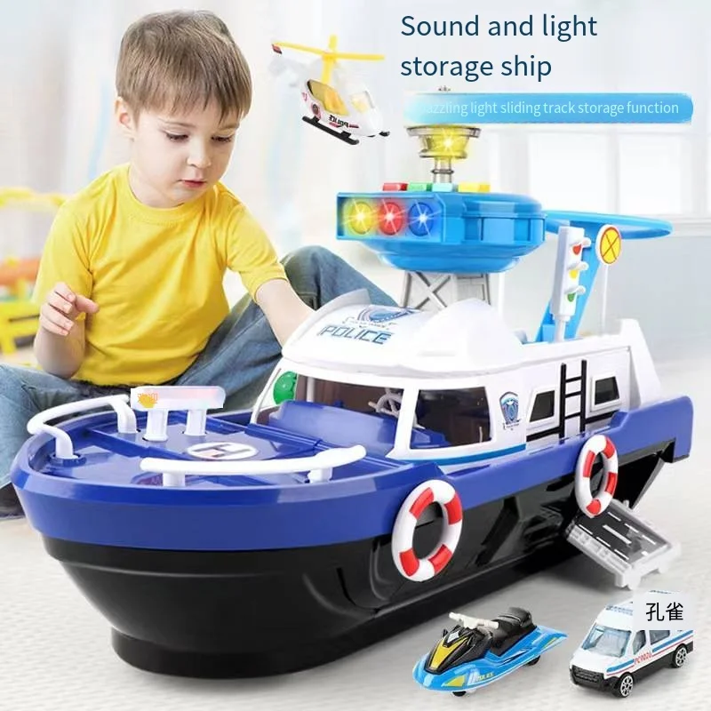 Jouets de simulation piste inertie bateau Diecasts et véhicules jouets pour garçons, histoire de musique, lumière, soleil, modèle, voiture, parking