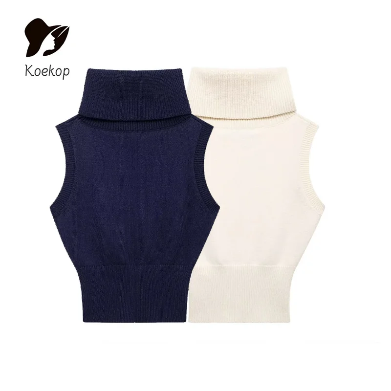 Koekop Women's Fashion Solid Color Standing Knit Sleeveless Vest Top Vintage Casual Chic Ladies Chic Lady Vests