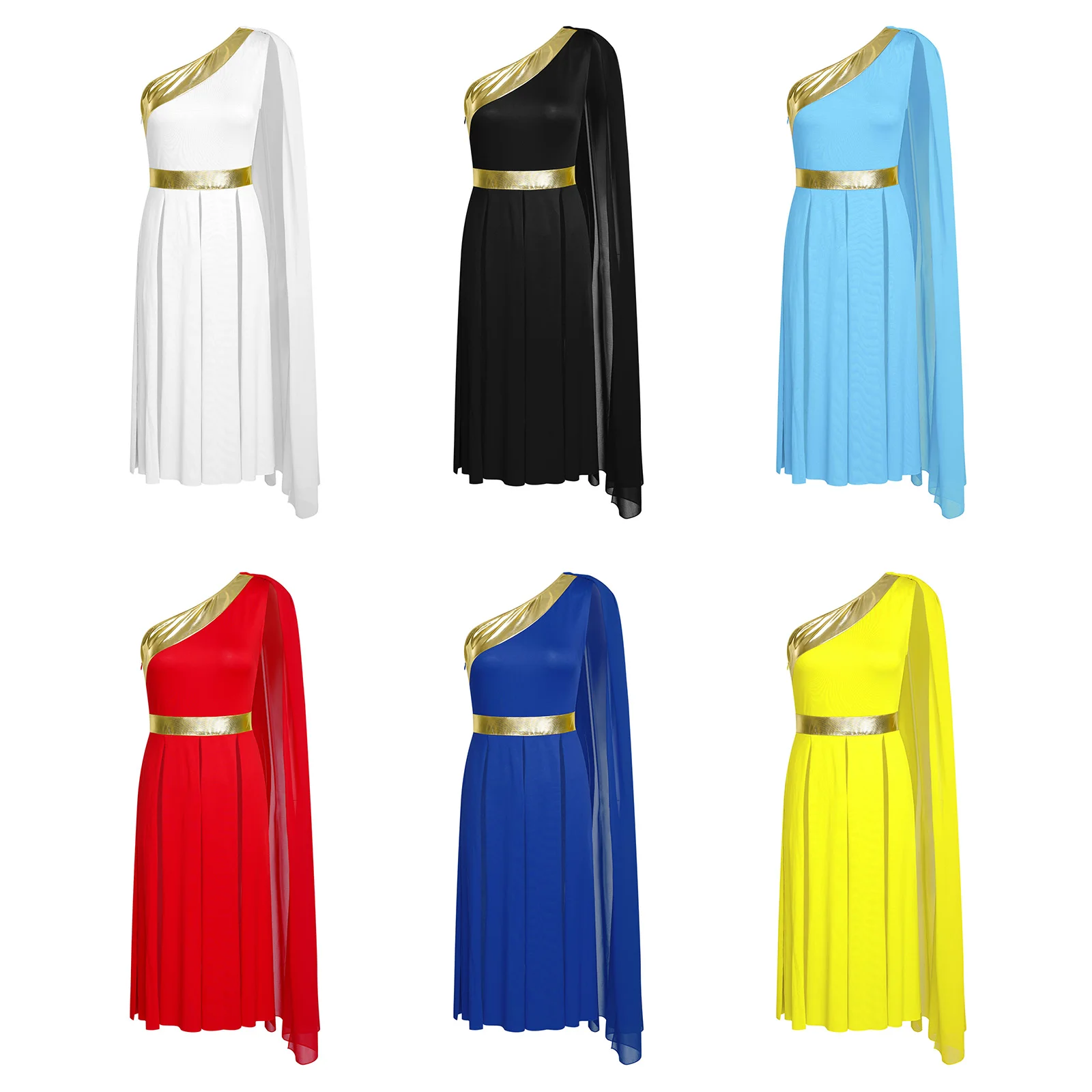 Abito da ballo per lode da donna, monospalla, con drappeggio, senza maniche, con orlo a fessura metallico, per danza liturgica lirica