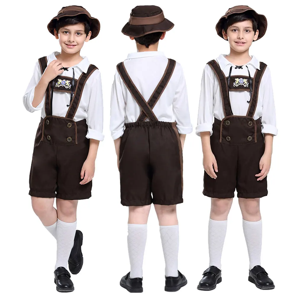 

Kids German Bavarian Oktoberfest Lederhosen Costume Halloween Hat Top Suspender Shorts Cosplay Set