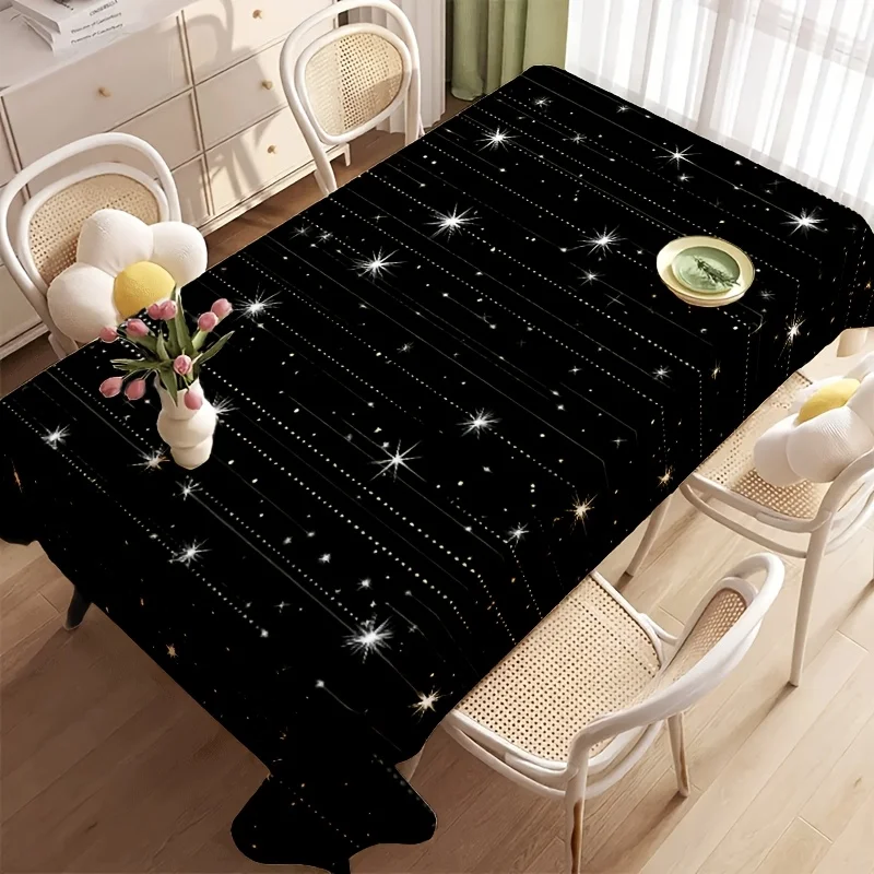 Black Starry Tablecloth, Black Base Shining Star Sparkle Print Waterproof Table Cover, Washable for Night Theme Party Decor