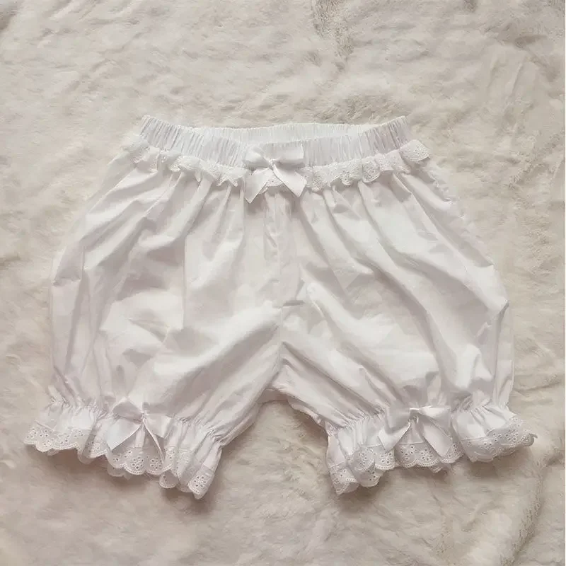 White Lace Ruffle Pleated Panties Woman Pumpkin Cute Panties Bow Knot Lolita Safety Shorts Vintage Pants Victorian Bloomers