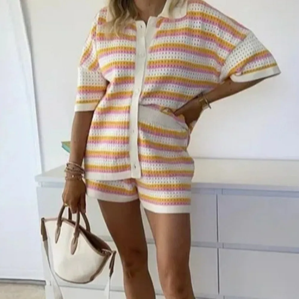 Knitted Beach Shorts Set Women Fashion Striped Short Sleeve Top and Mini Shorts Outfit Summer Casual Loose Holiday Two Piece Set