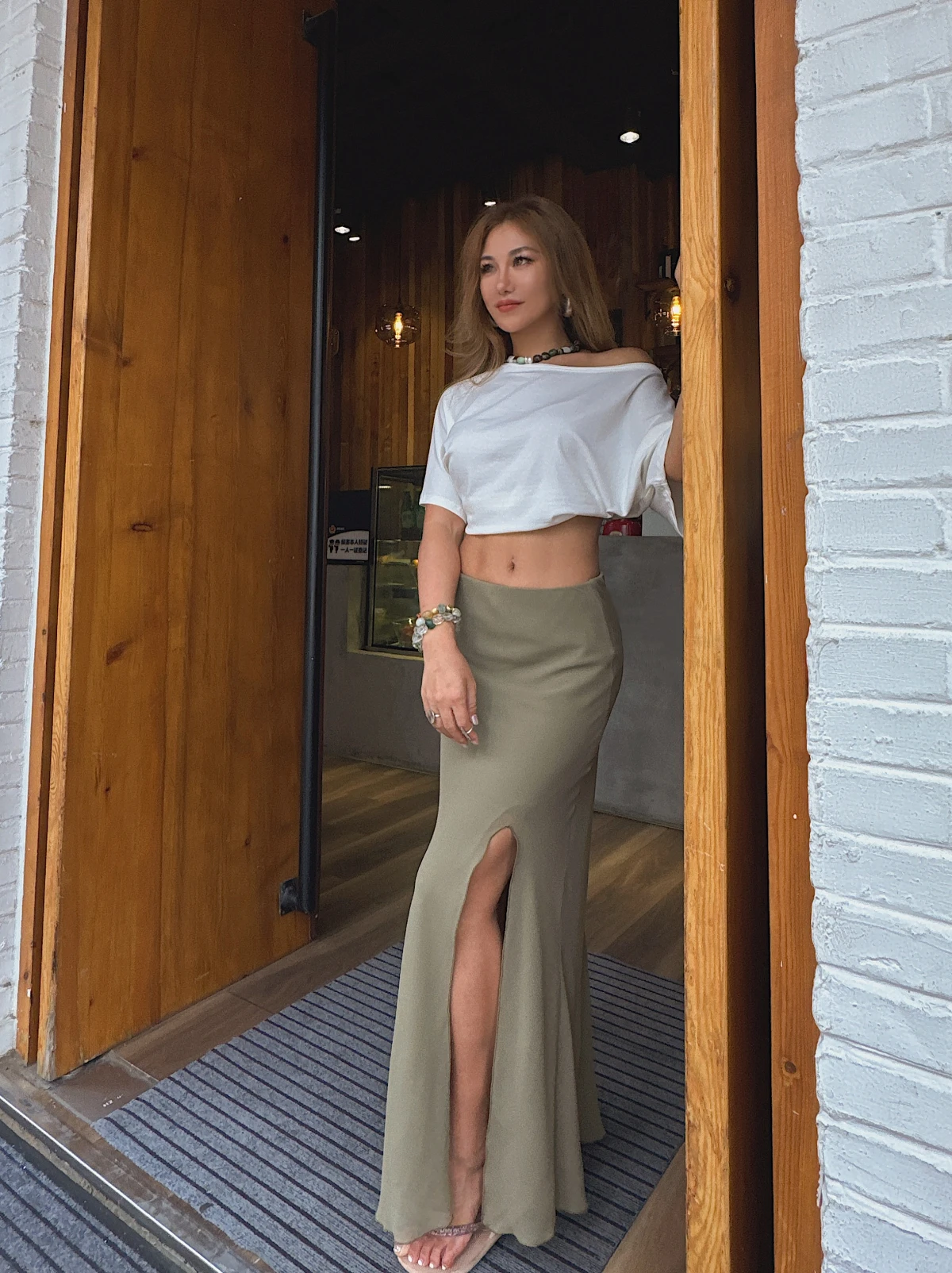Store Owner's Personal Favorite Asymmetrical Hem Double Layer Elastic Waist Split Military Green Half-length Skirt