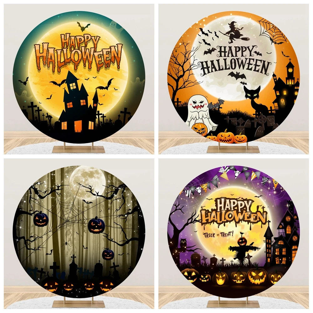 

Halloween Night Photocall Pumpkin Castle Moon Round Elasticity Backdrop Circle Polyester Photography Background For Photo Studio