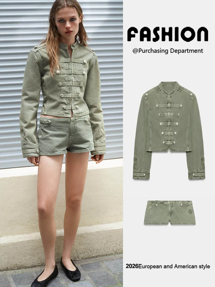 Slim Fit Low Waist  Shorts Women's Fashion Outerwear Long Sleeve Short Length Regular Style European And American Style
