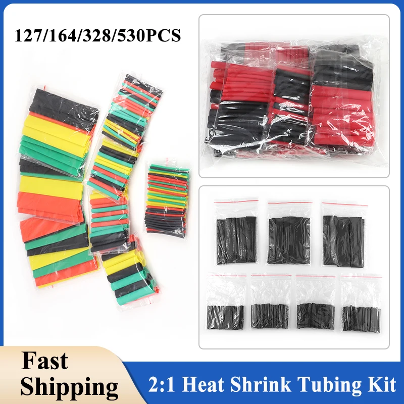 2:1 Baged 127/164/328/530PCS Heat Shrink Tubing Kit Shrinkable Wire Shrinking Wrap Tube Connect Cover Cable Protection Sleeving