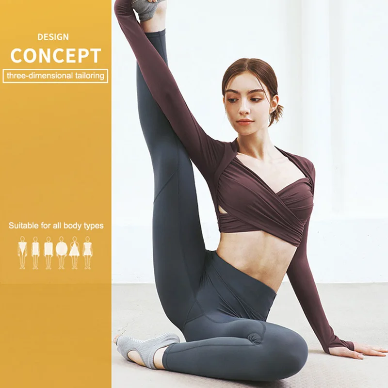 T-shirt de yoga croisé serré avec coussinets de poitrine et trou pour le pouce pour femme, haut de sport sexy, t-shirt à manches longues, haut de fitness slim