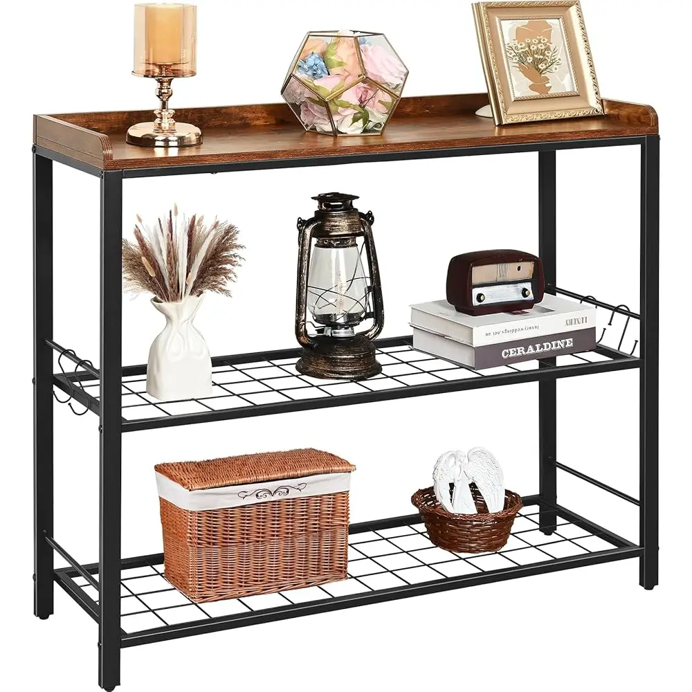 

39.4"" Console Table With Baffle, 3 Tier Narrow Sofa Tables & Entryway Table With Metal Grid Shelves, Behind Couch Table For