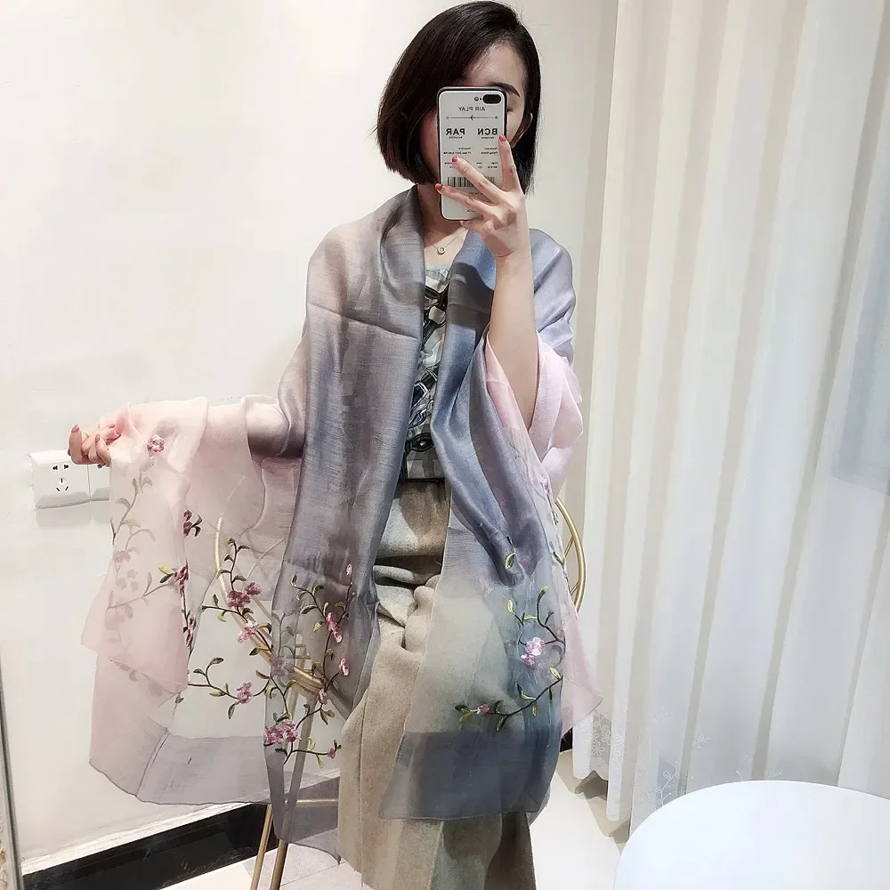 Hot New High-grade Silk Wool Embroidery Silk Breathable Gradual Change Color Mulberry Silk Embroidery Headscarf Silk Scarf