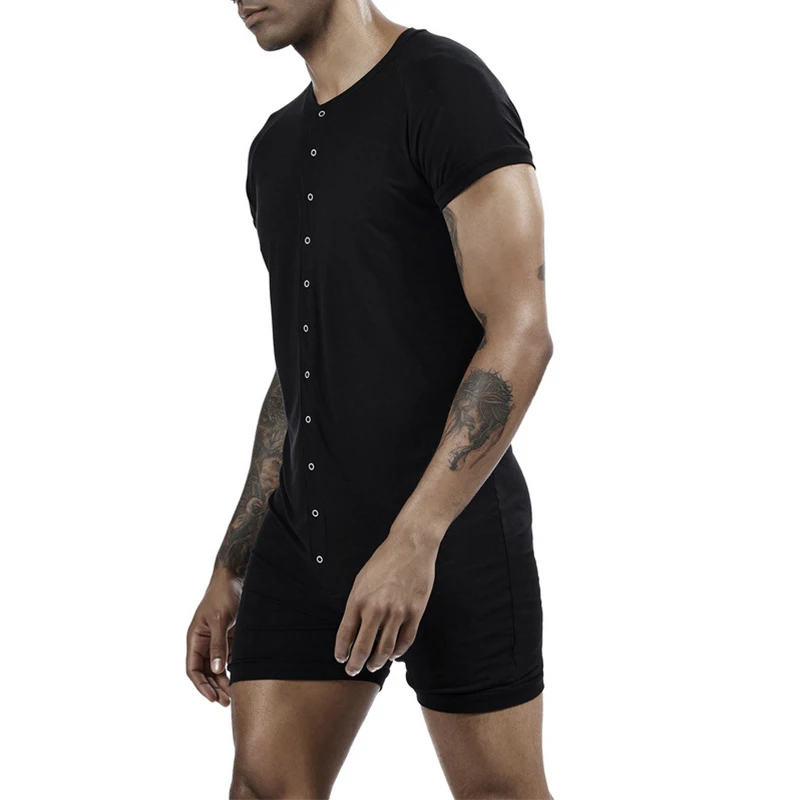 Sexy Button-up Crew Neck Jumpsuits Mens Summer Casual Solid Color Slim Fit Short Sleeve Bodycon Mens Pajamas Shorts Bodysuits
