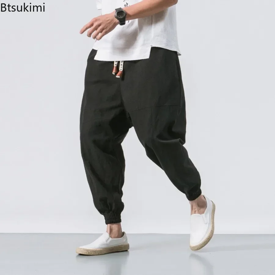 New Men's Cotton Linen Pants Chinese Style Loose Casual Solid Harem Pants Men Elastic Waist Drawstring Sweatpants Joggers Pants