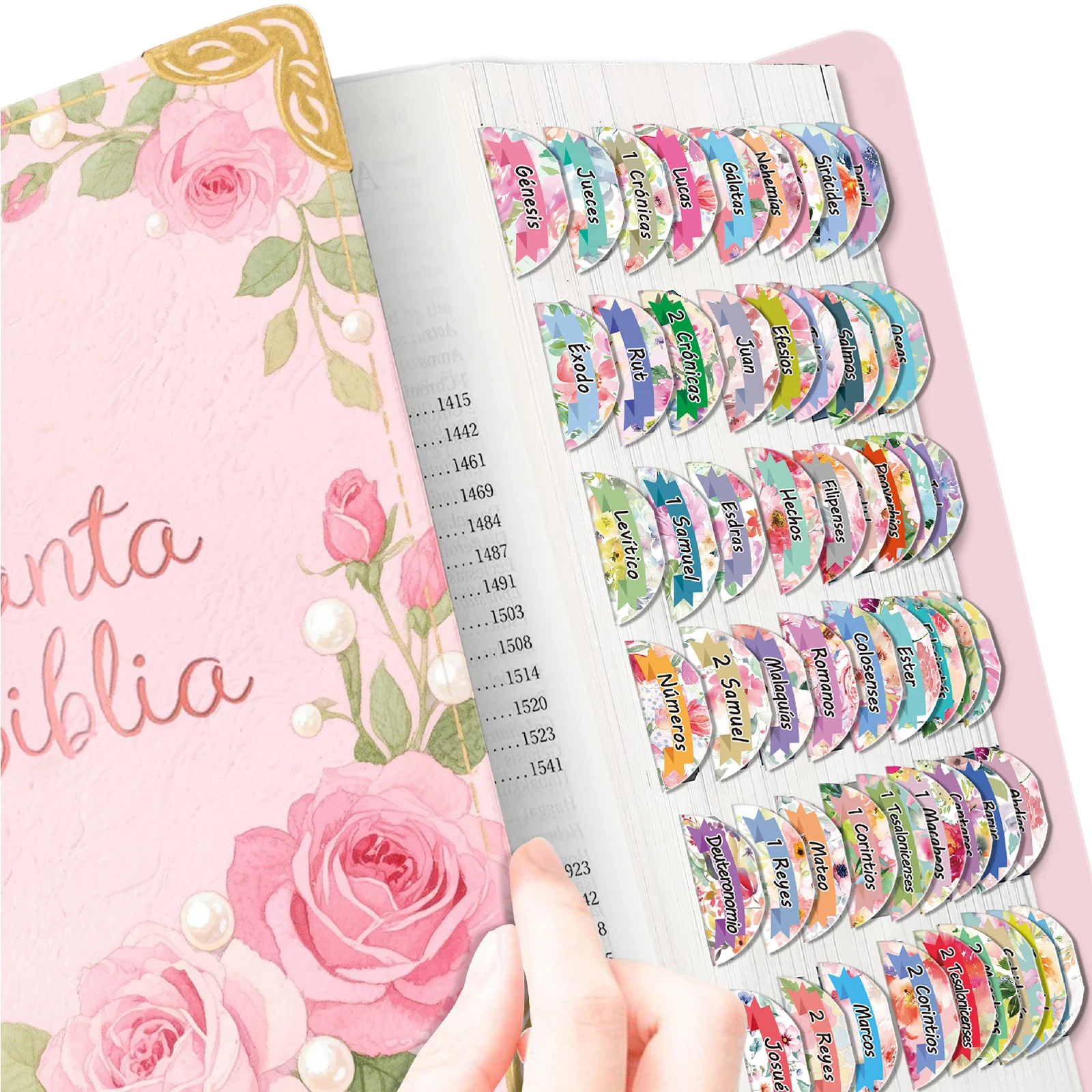 75Pcs Spanish Laminated Bible Tabs,Reposition Large Print Stickers, Easy to Read and Apply Bible Tabs for Women and Man
