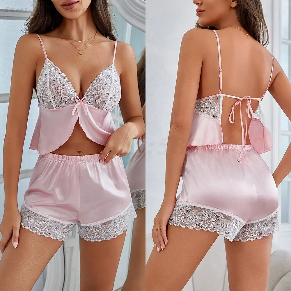 

Women's Lace Intimate Lingerie Pajama Set Pink Cami&Shorts Suit Sexy Sleepwear Home Clothes Pink Silk Satin Nightwear Loungewear