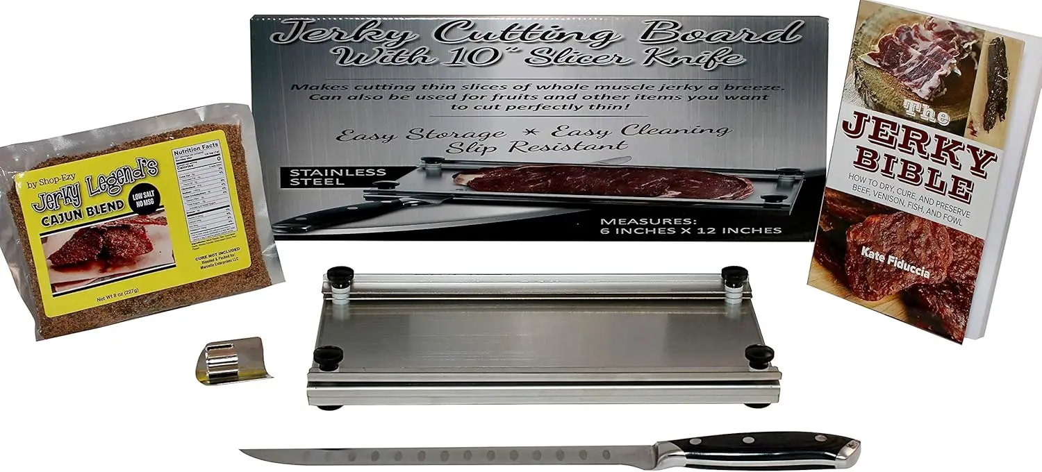 

Jerky Maker Cutting Board With Professional Slicing and Carving Knife 8oz Pack of Seasoning and How to Book (1)