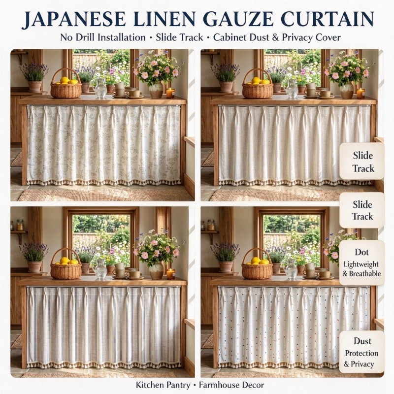 1Pc No Drill Japanese Linen Gauze Curtain with Slide Track Tassel Cabinet Dust Privacy Cover for Kitchen Pantry Farmhouse Decor