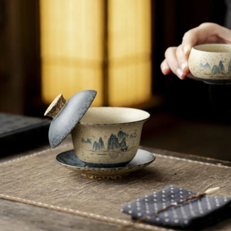 Blue and White Flint Red Sancai Gaiwan Kungfu Teaware Set Tea Infuser Bowl Tea Cup Drinkware Ceramic Crafts Art Tea Ceremony