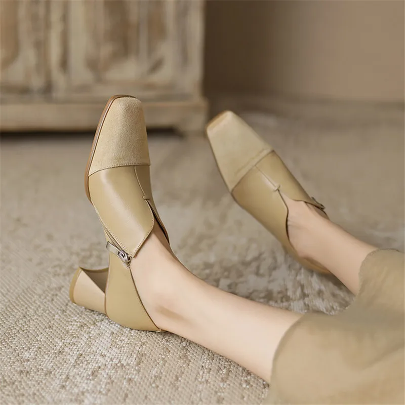 2023 Autumn Genuine Leather Loafers French Square Toe Chunky Heel High Heels Winter Women Pumps Shoes for Women Zaptos Mujer