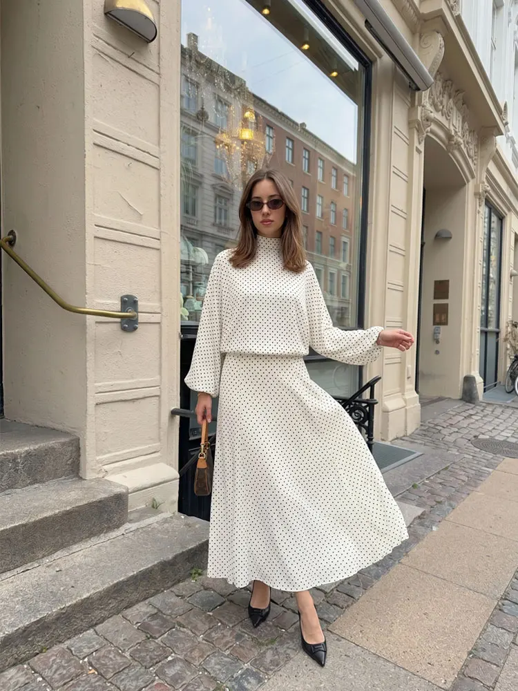 

HH Elegant Polka Dot Sets Long Sleeve Bow Shirt Pleated Long A-line Skirt Casual Two Piece Set Spring Summer Holiday Outfits