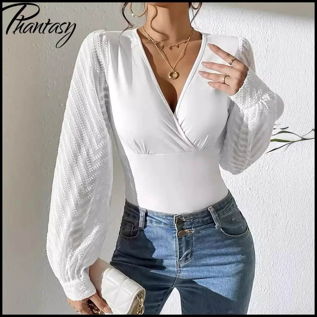 เสื้อชีฟองแขนยาวทรงบับเบิ้ล ดีไซน์หรูหราทันสมัย สำหรับสุภาพสตรี ฤดูใบไม้ผลิ คอวีลึก สีพื้น เหมาะสำหรับใส่ทำงานหรือออกงาน