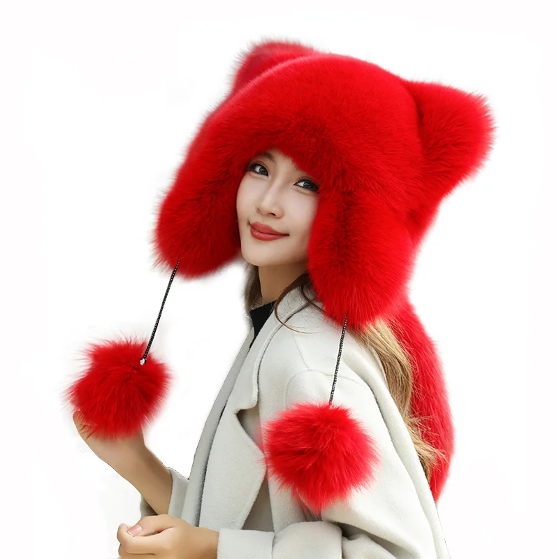 

Hot Sale 100% Natural Fox Fur Hat Women Cap Thick Fur Cap Winter Warm Hat Female Fashion Hats For Women Hat With Earmuffs Hat