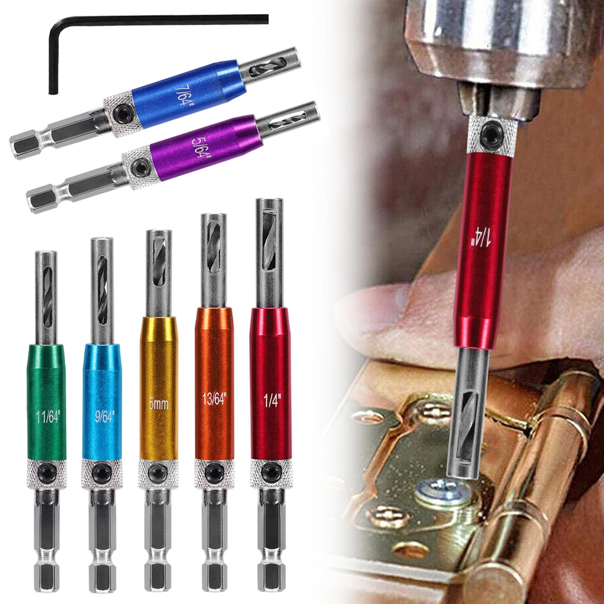 

7Pcs HSS Self Centering Hinge Twist Drill Bits 5/64''-1/4'' Window Doors Screw Hole Saw Woodworking Reaming Cabinet Tools Set