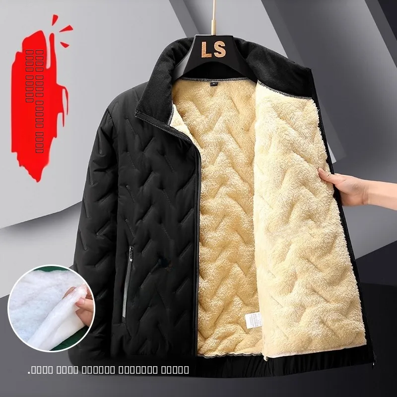 

Lamb Velvet Jaet Men's Fce Lined Loose Stand Collar Thiened Warmth Cotton Coat for Autumn Winter Casual Wear