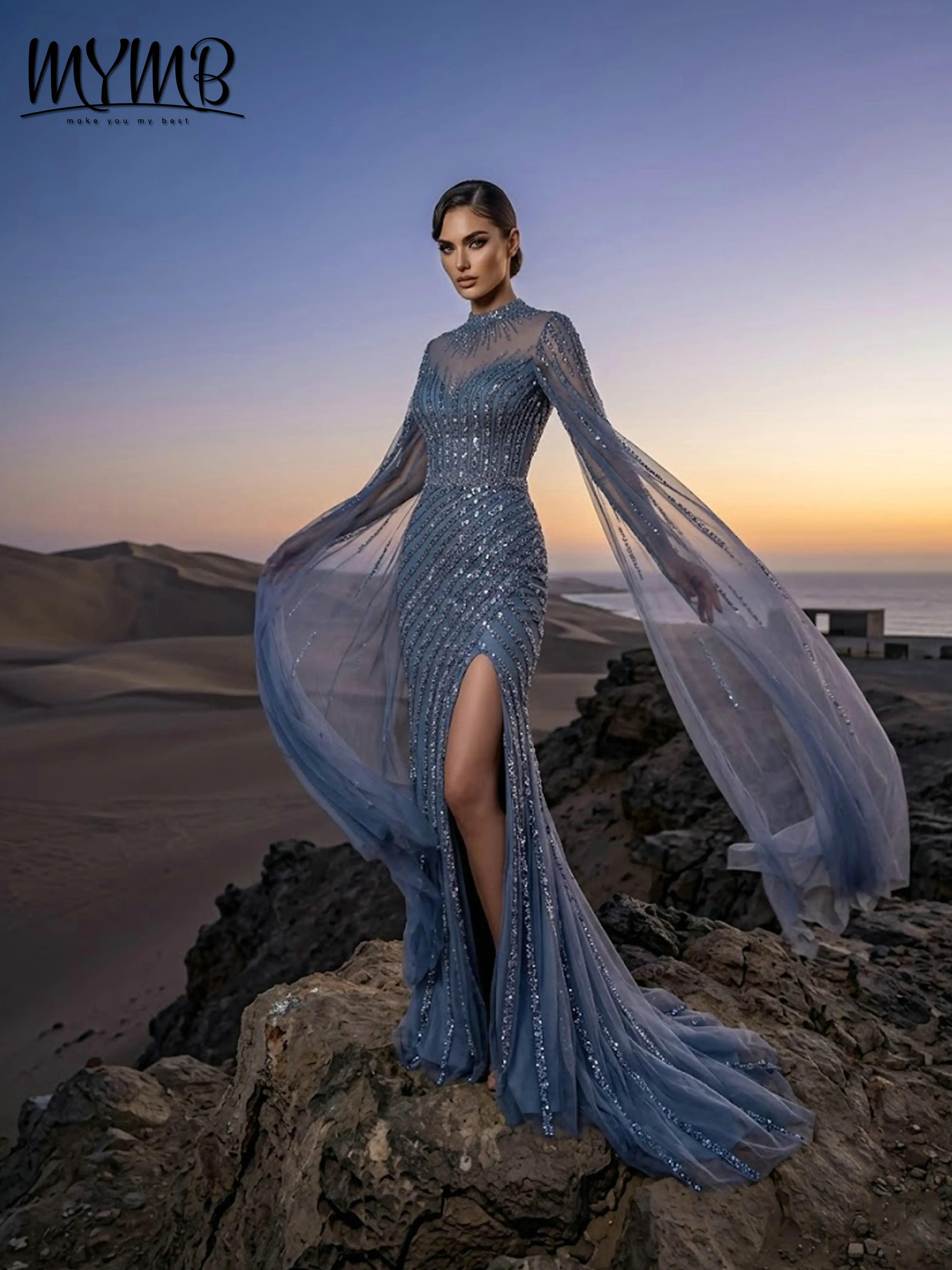 MYMB Luxury Blue Beaded Evening Dresses High Neck Illusion Long Cape Sleeves Prom Gown High Slit Sparkly Formal Dress MB40153