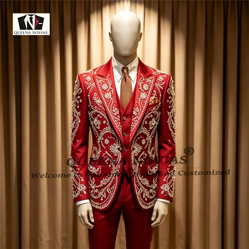 Customized Men Suits For Prom Groom Intricate Crystal Beading Design Male Wedding Party Glitter Blazer 2 Pieces Set Tuxedos Slim