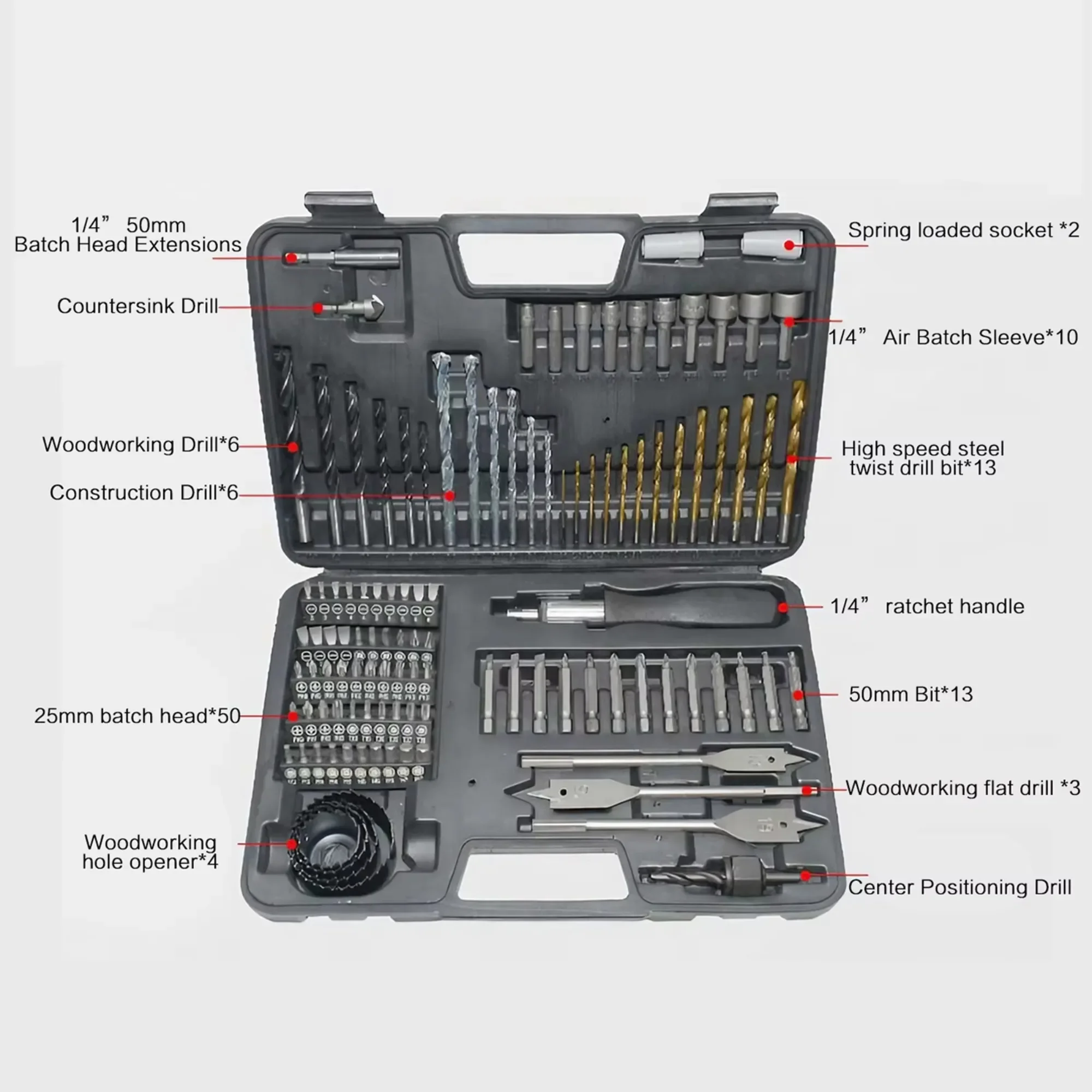 111Pcs HSS Twist Drill Bit Set Woodworking Carpenter Tool Kit Multi-Purpose Construction DIY Tool Set Hole Opener Storage Case