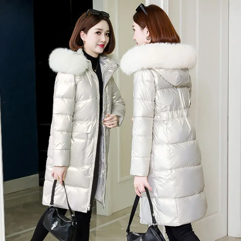2023 New Women Down Cotton Coat Winter Jacket Female Thick Thin Parkas Fur Collar Hooded Outwear Mid Length Version Overcoat