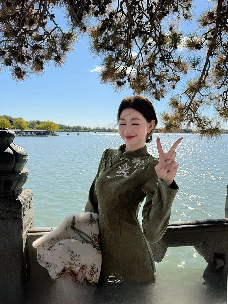 

Ele Long Sve Dr Women's Autumn Winter Faion Embroidery Retro Chinese Sle Gown Warmth Comfortable Fit