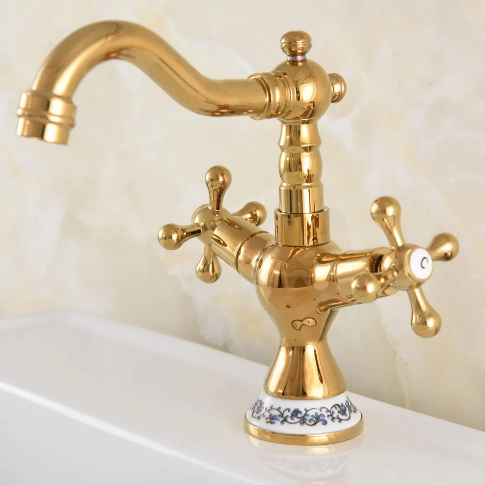 Gold Color Brass Swivel Spout Basin Faucet Bathroom Hot/Cold Water Deck Mounted Washbasin Faucet Dual Handle Mixers Taps tnf714