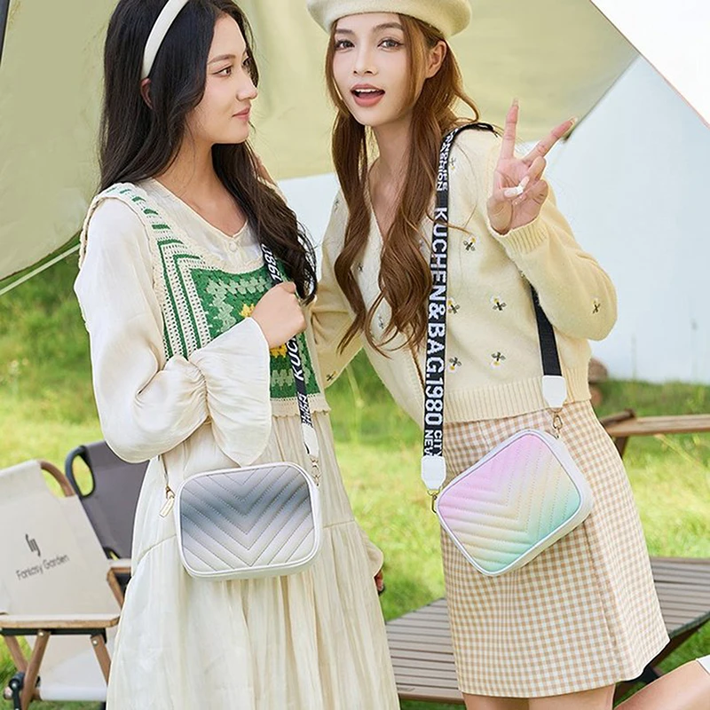 

Fashion Letter V Embroidered Crossbody Bag PU Material Casual Small Square Bag Letter Wide Shoulder Strap Shoulder Bag