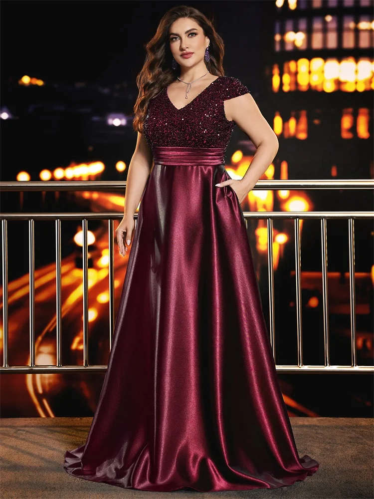 Lucyinlove Plus Size Elegant V-Neck Blue Sequin Evening Dress Long Luxury Women Satin Short Sleeves Party Prom Cocktail  Gowns image 5