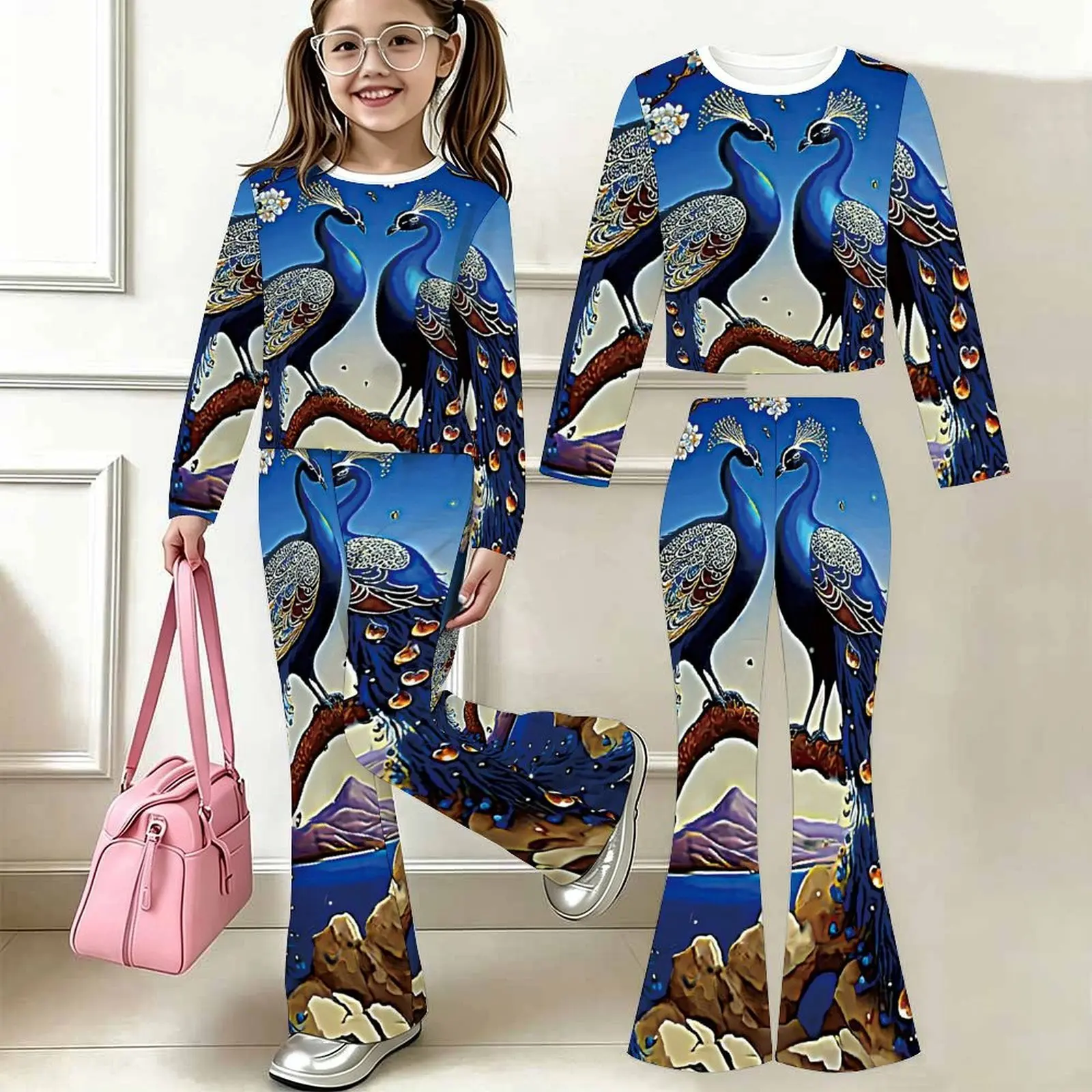 Slim Two-piece Set Fashion Bell-bottomed Pants Children's Casual Pants Autumn Winter Girls' Round Neck Long Sleeved