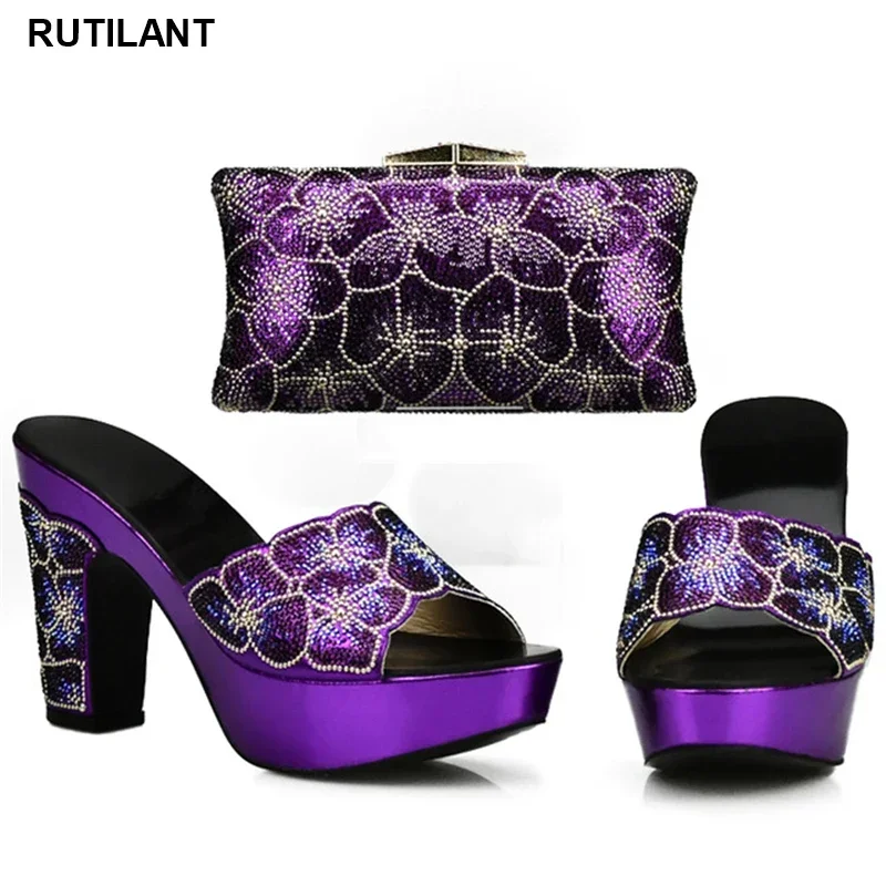 Conjunto de zapatos y bolsos a juego para mujer, decorado con diamantes de imitación, zapatos africanos y bolso para fiesta, zapatos italianos para damas, Color púrpura