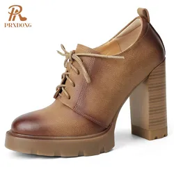 PRXDONG 2025/Новая модная женская обувь на весну и осень со шнуровкой, коричневые туфли-лодочки на массивном высоком каблуке и платформе сзади для вечеринок и офисных женских туфель