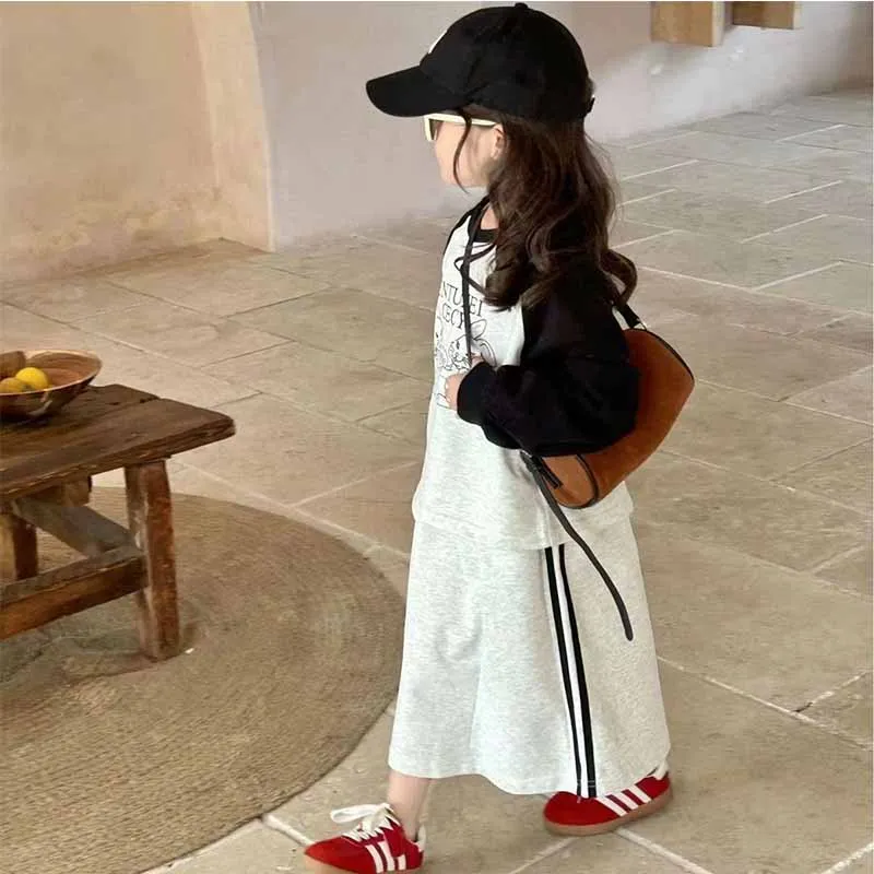 New Girls Cartoon Letter Set Kids Long Sleeve Sweatshirt Solid Color Half Skirt Suit Spring Autumn Baby Casual Fashion 2Pcs 2-8Y