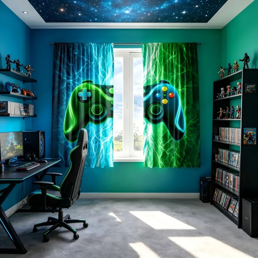 2PCS Digital Print  Curtain, Blue Green Gradient Controller, Modern Home Decor  Curtain for Bedroom Living Room
