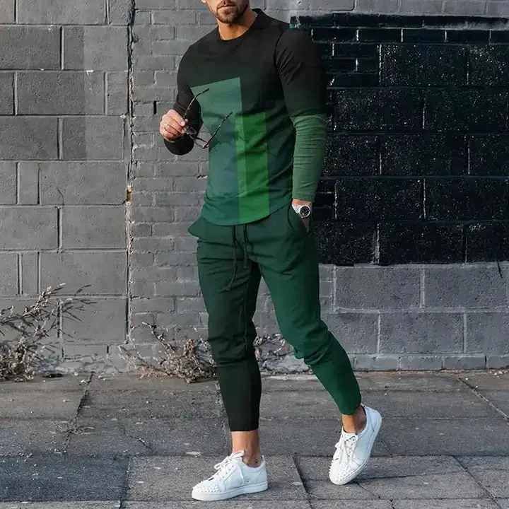 Conjuntos masculinos de lã de duas peças, terno casual, camiseta e calça de manga comprida, rosto interessante, impresso em 3D, nike Tech