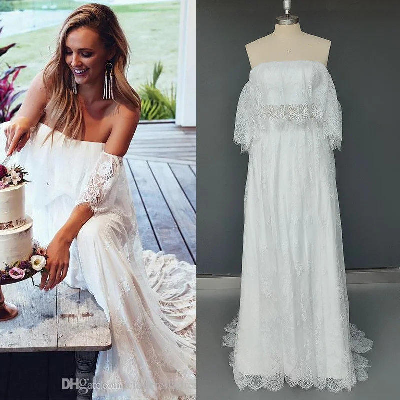 940#Off Shoulder Strapless Lace fabric flare sleeve a line Bohemian beach wedding dress bridal Beach Sweep Train gown Customzied