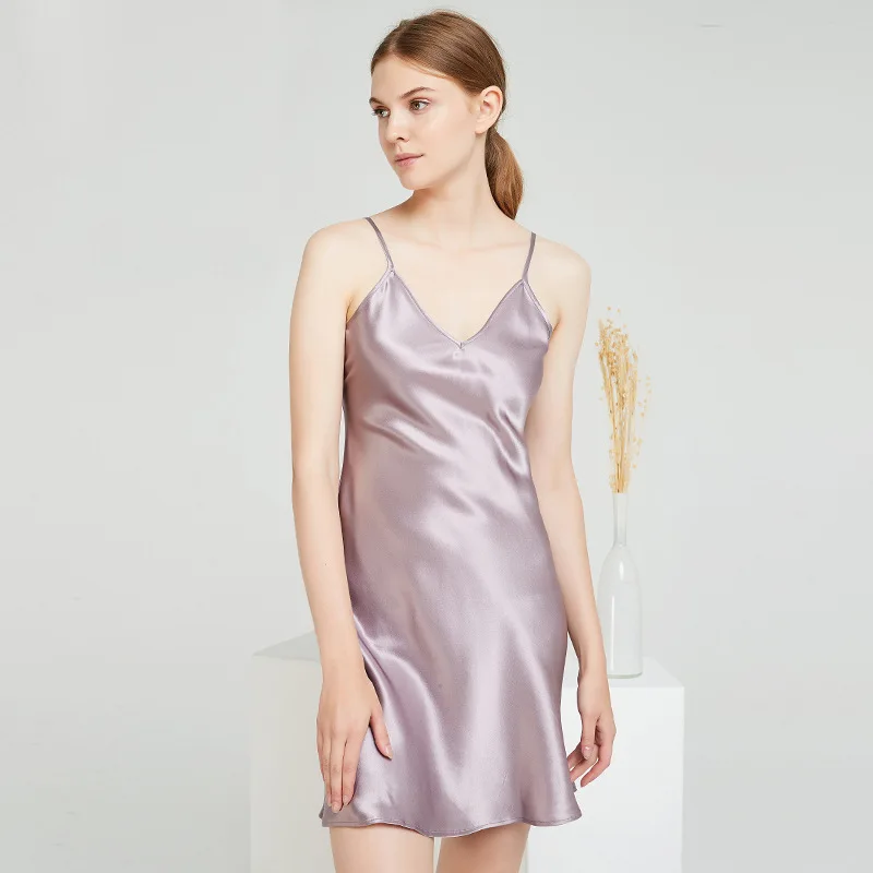 Women's Summer Mulberry Silk Nightdress 19mm V Neck Embroidery Loungewear with Sexy Suspender Design Sleepwear Cozy Luxuary