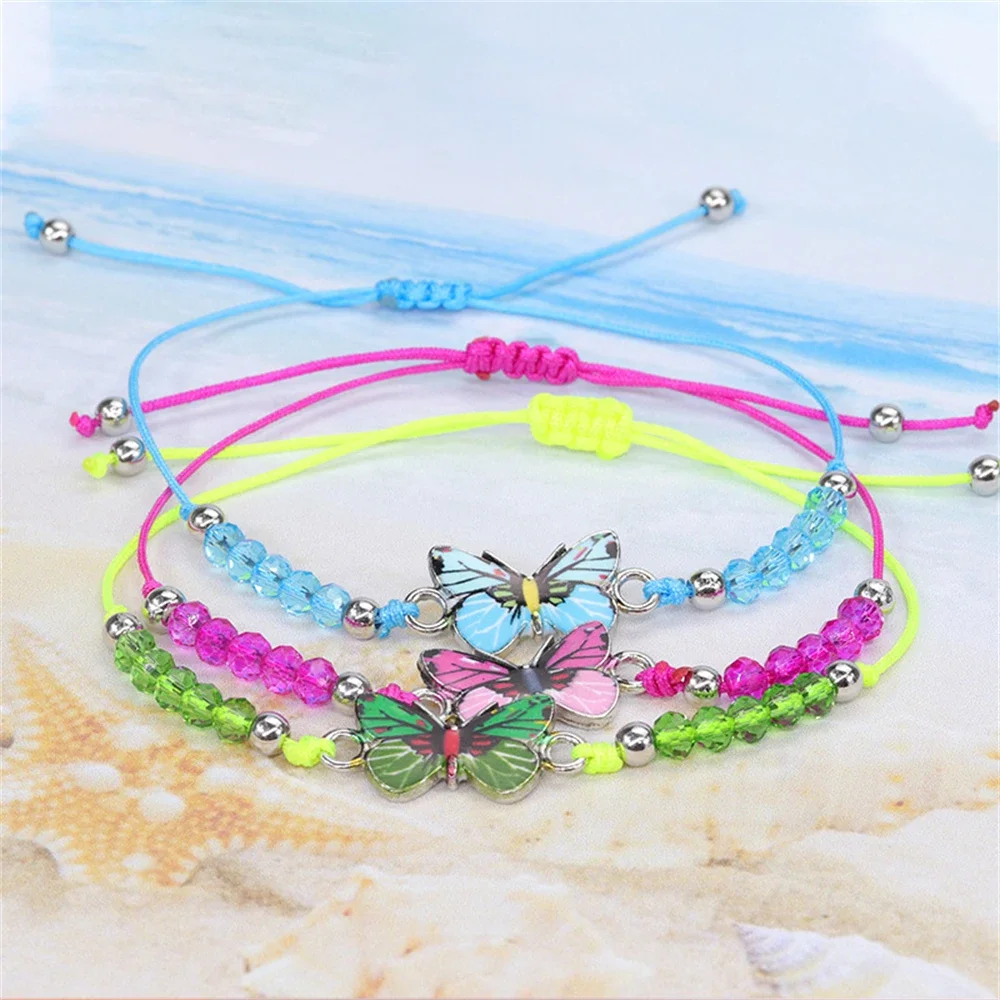 Crystal Butterfly Bead Geweven Touw Ketting Vrouwen Kids Sieraden Voor Meisjes Leuke Charm Sieraden Zomer Strand Accessoires