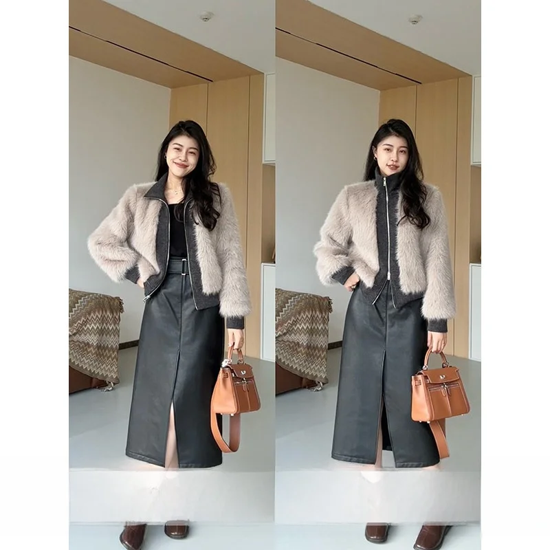 

Zhang a Xing Fog Island Snow View ey Coffee Faionable Splicing Fur Jaet with Leather f Skirt Women's Ensemble