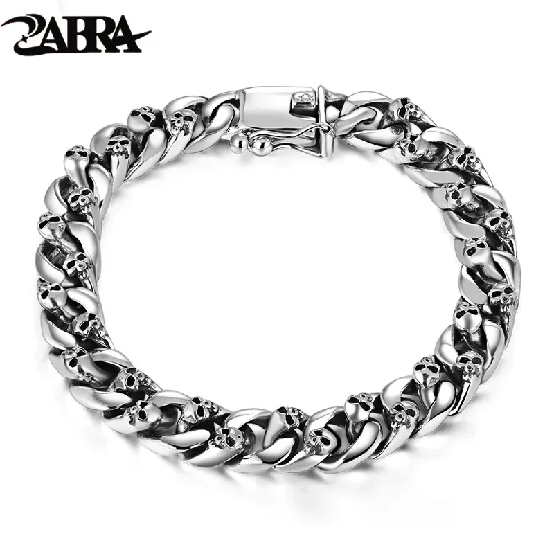 ZABRA Authentic 925 Sterling Silver 8mm Skull Bracelet Link Chain Mens Bracelet Vintage Thai Silver Punk Bracelets Men Jewelry