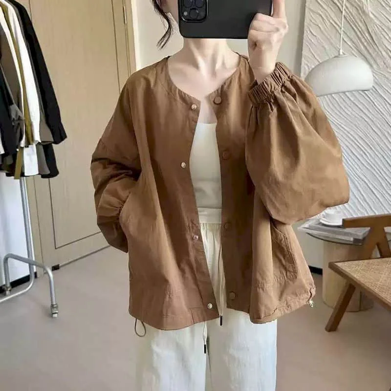

O-neck Shirts for Women Vintage Korean Style Oversized Solid Cardigans Long Sleeve Workwear Coats Cropped Drawstring Women Tops