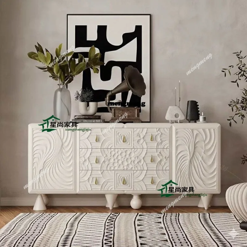 

French light luxury dining side cabinet white carved drawer locker living room dining room furniture