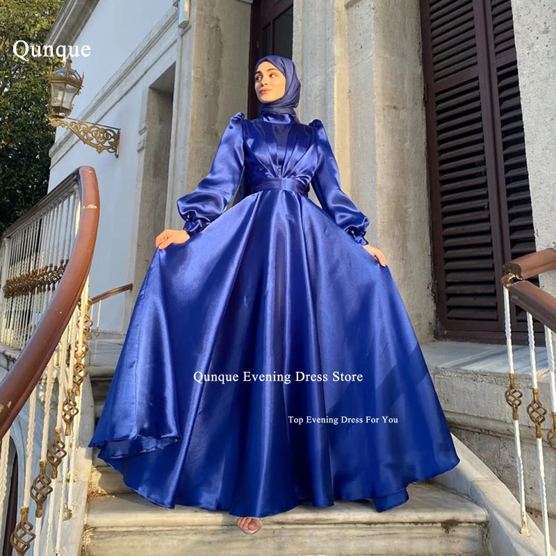 

Qunque Royal Blue Muslim Evening Dresses High Neck A-Line Long Puff Sleeves Formal Prom Dress Bridesmaid Party Gowns Customized