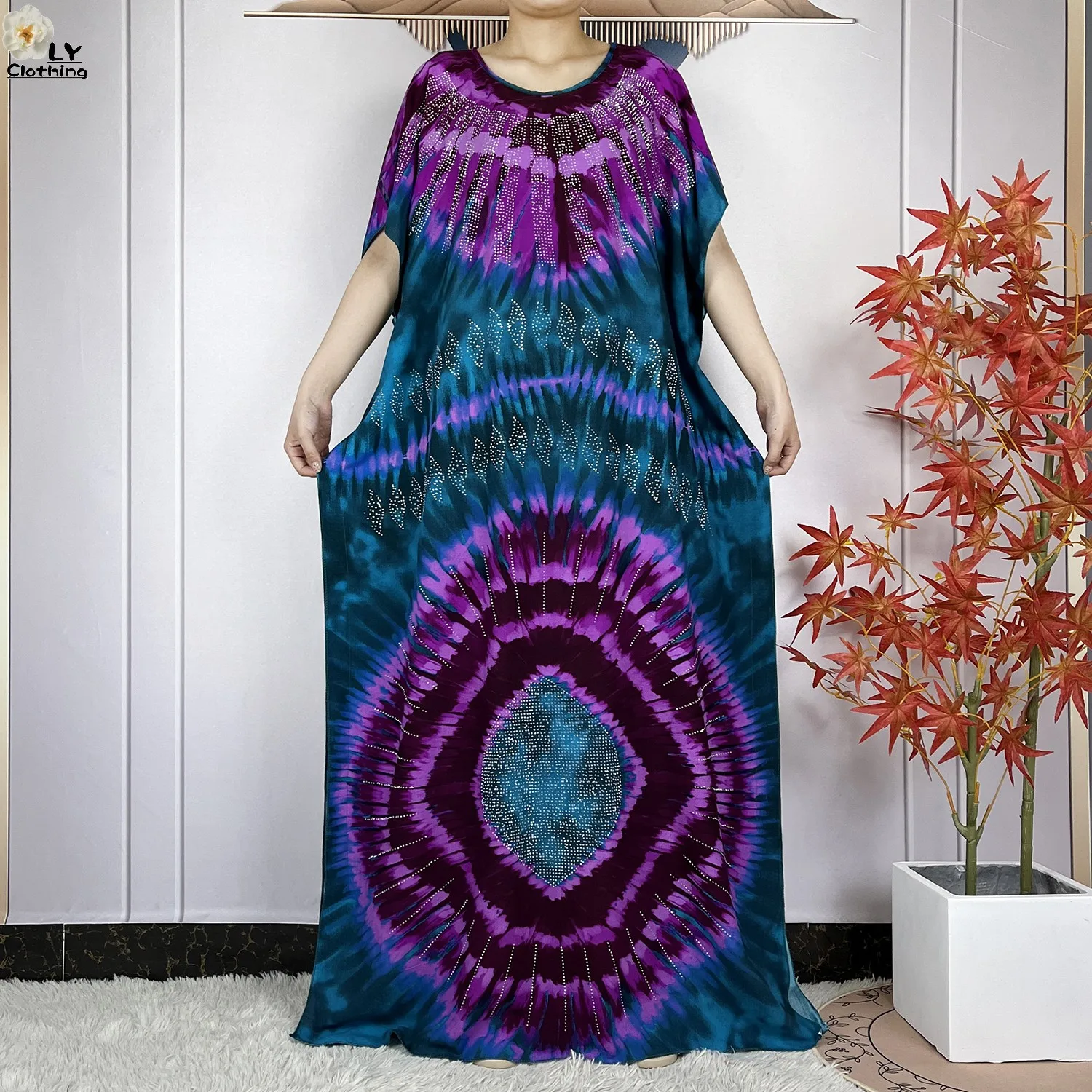 New Summer Muslim Abaya Cotton Tie-dyed Printed Short Sleeves Loose Femme Robe 2024 African Dashiki Islam Dress With Large Scarf